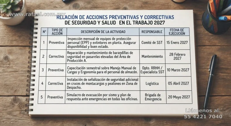 Ejemplo de el Documento denominado Relación de acciones preventivas y correctivas de seguridad y salud, mismo que contiene 5 
         medidas preventivas y correctivas, y de cada una se indica: Tipo de acción, descripción de la actividad, responsable y fecha de 
         ejecución.