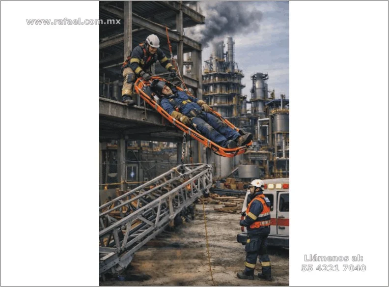 Trabajador siendo rescatado de un segundo piso, al realizar trabajos de oxiacetileno