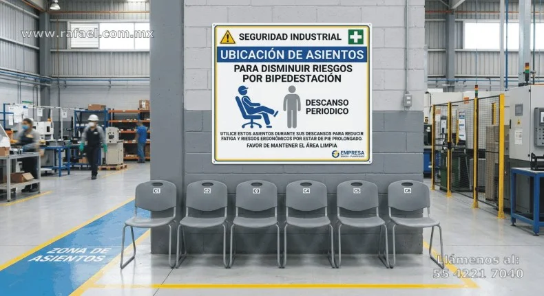 Señalización de área designada para ubicación de asientos y disminuir riesgos por bipedestación