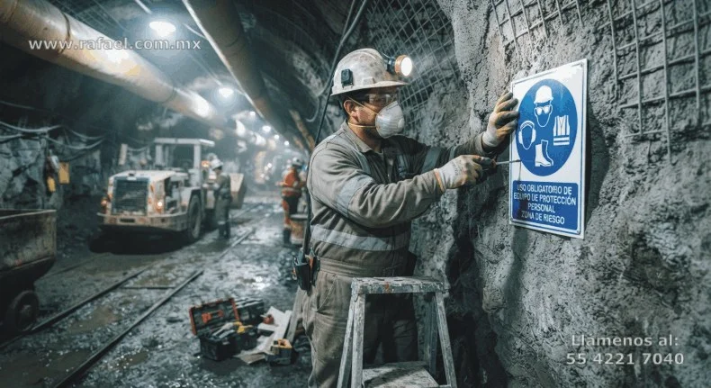 Ejemplo de un Trabajador colocando señalamientos en el interior de un tunel de una mina de carbón. En particular, de un letrero 
         de Uso obligatorio del equipo de protección personal.