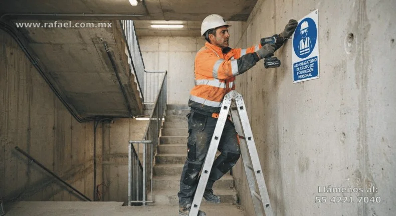 Ejemplo de un Trabajador colocando señalización en toda la obra. En particular, de señalamiento de uso obligatorio del equipo de 
         protección personal.